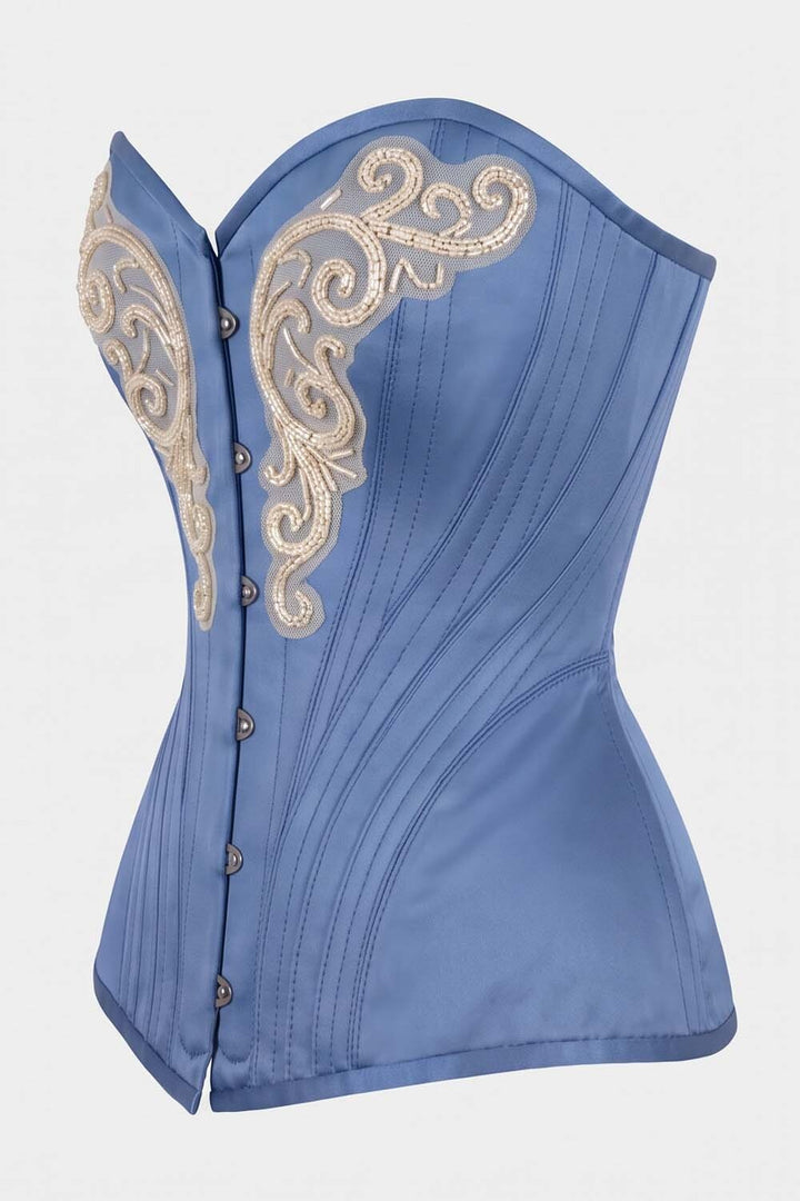 ASTER Overbust Waist-Training Corset in Wedgwood Blue Taffeta by Luxe Noir – side view