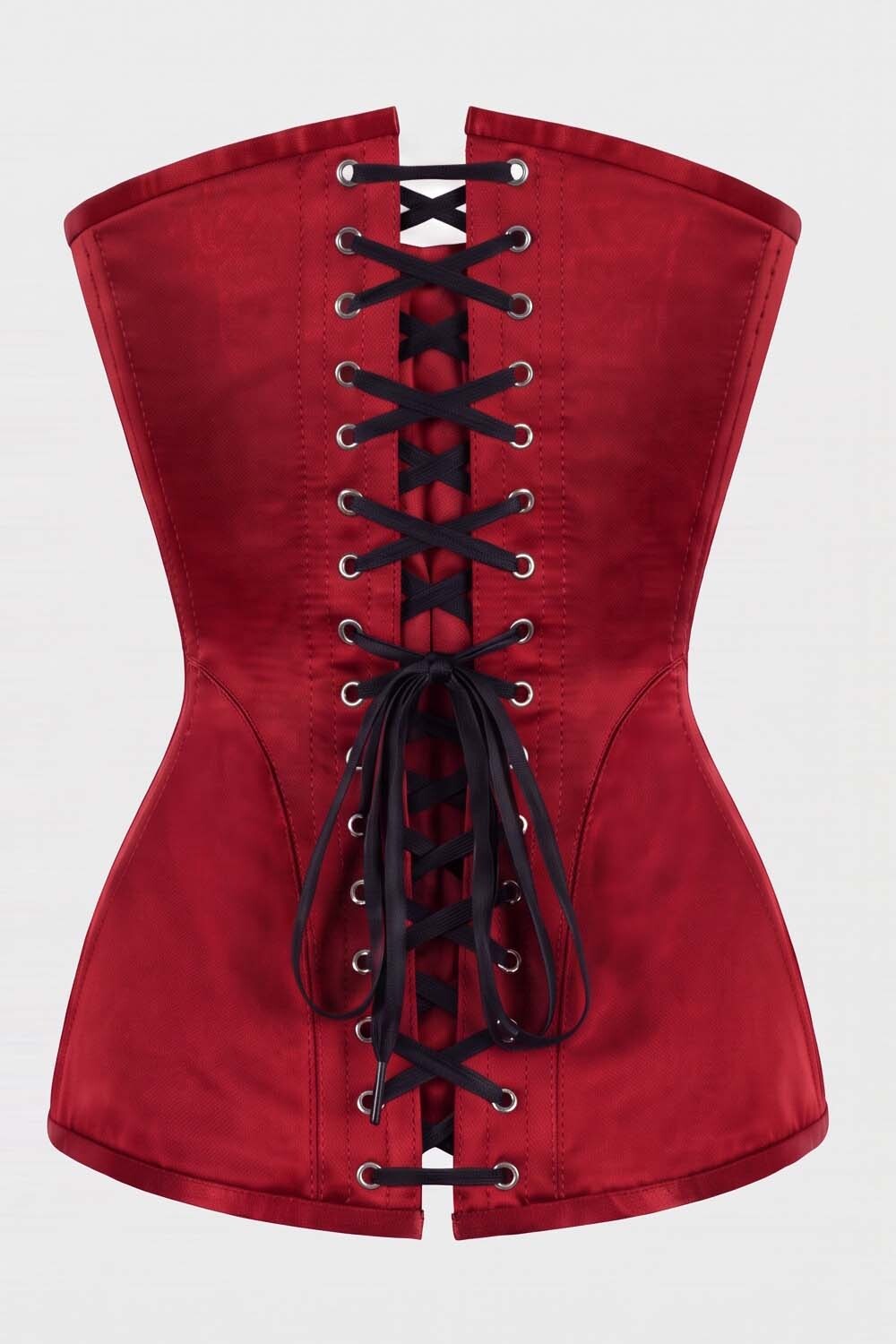ASTER Overbust Waist-Training Corset in Classic Red Taffeta by Luxe Noir – back view