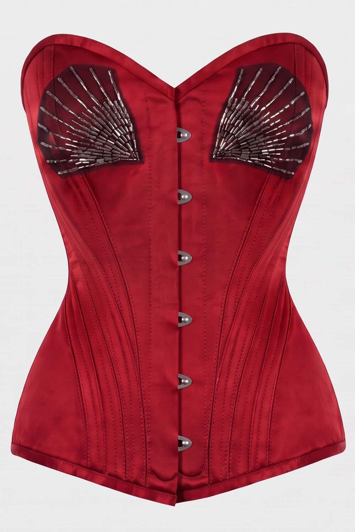 ASTER Overbust Waist-Training Corset in Classic Red Taffeta by Luxe Noir – front view
