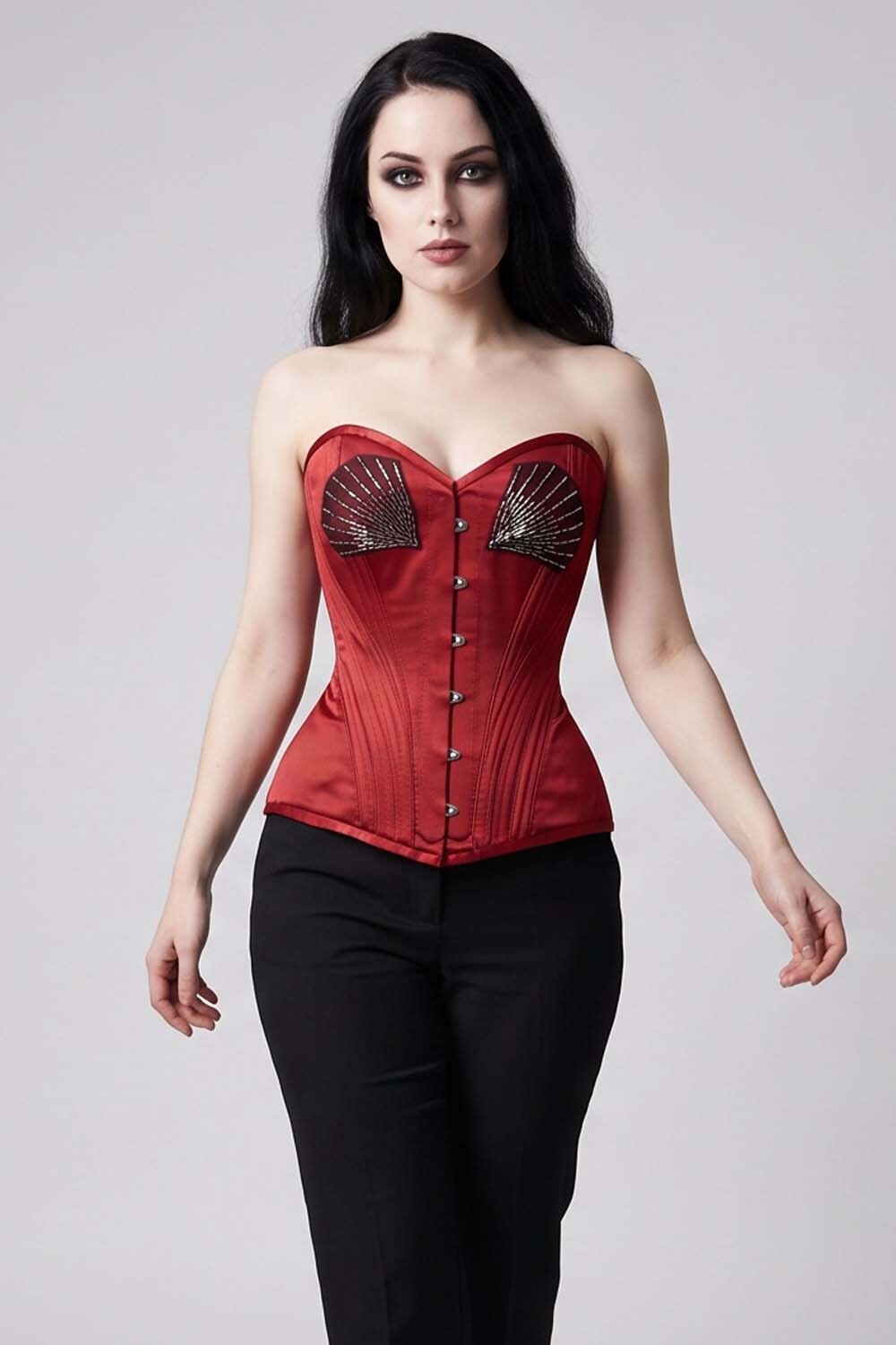 ASTER Overbust Waist-Training Corset in Classic Red Taffeta on model – front view