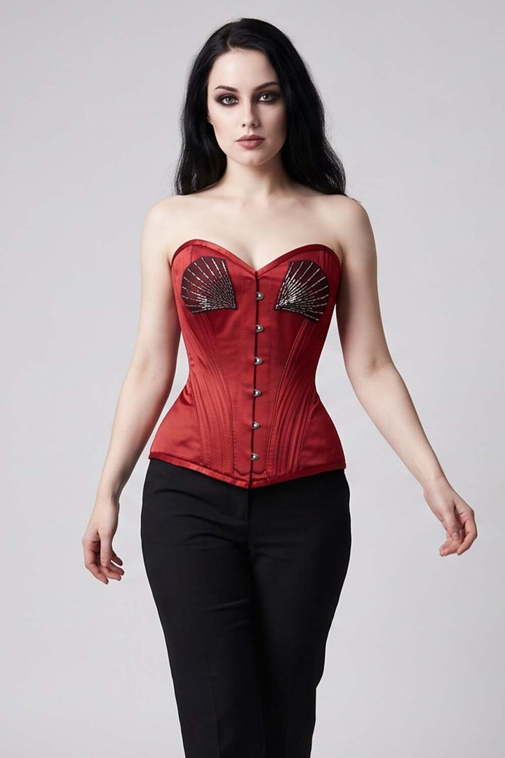 ASTER Overbust Waist-Training Corset in Classic Red Taffeta on model – front view