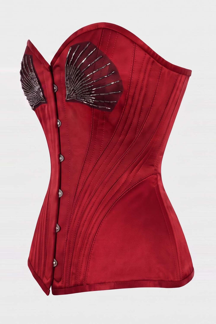 ASTER Overbust Waist-Training Corset in Classic Red Taffeta by Luxe Noir – side view