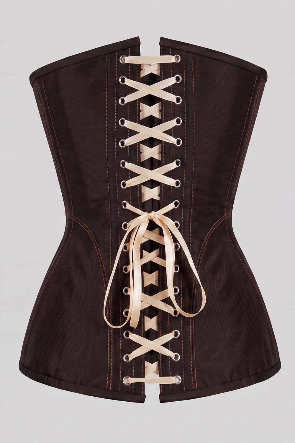 ASTER Overbust Waist-Training Corset in Deep Coffee Taffeta by Luxe Noir – back view
