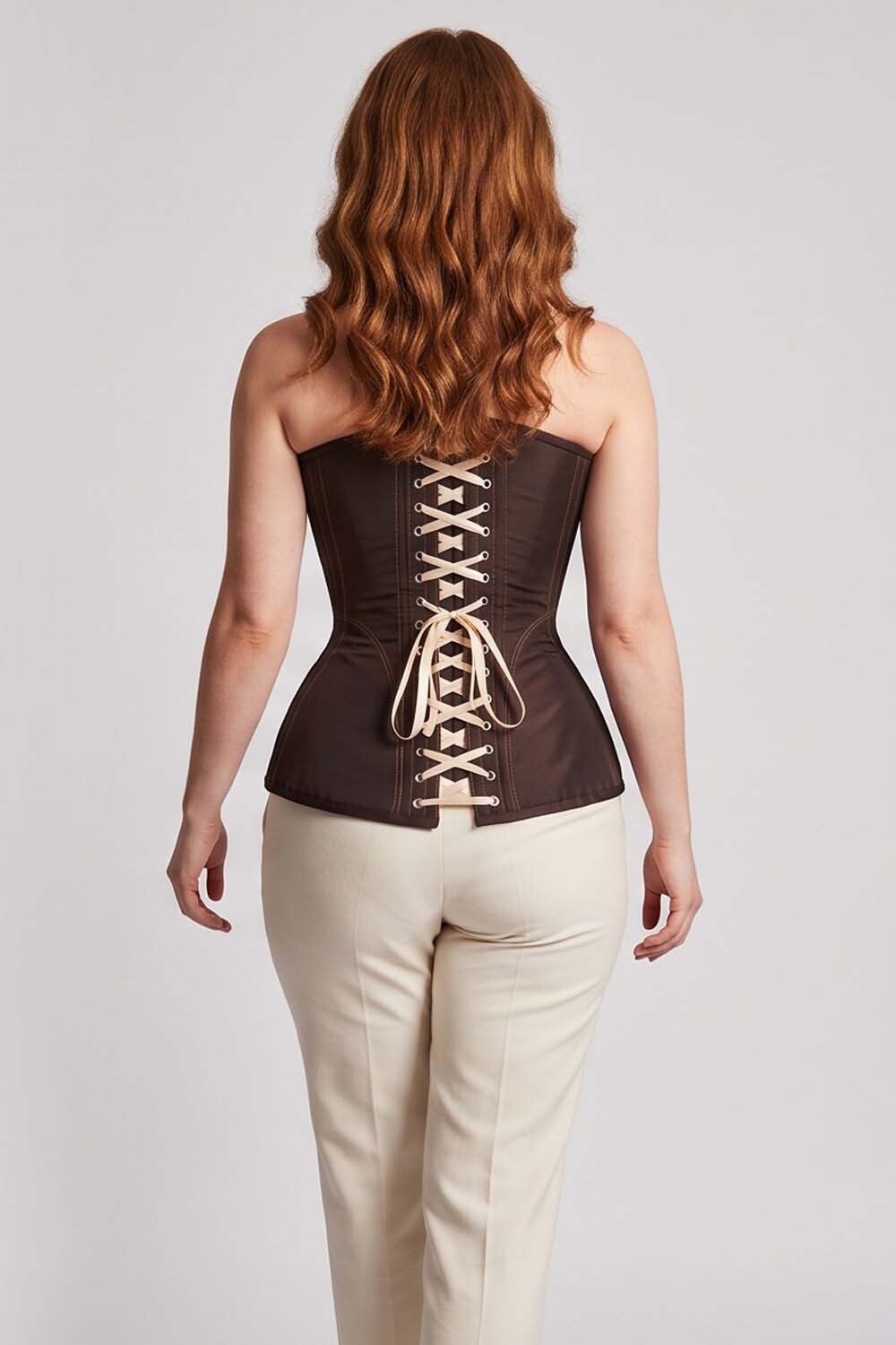 ASTER Overbust Waist-Training Corset in Deep Coffee Taffeta on model – back view