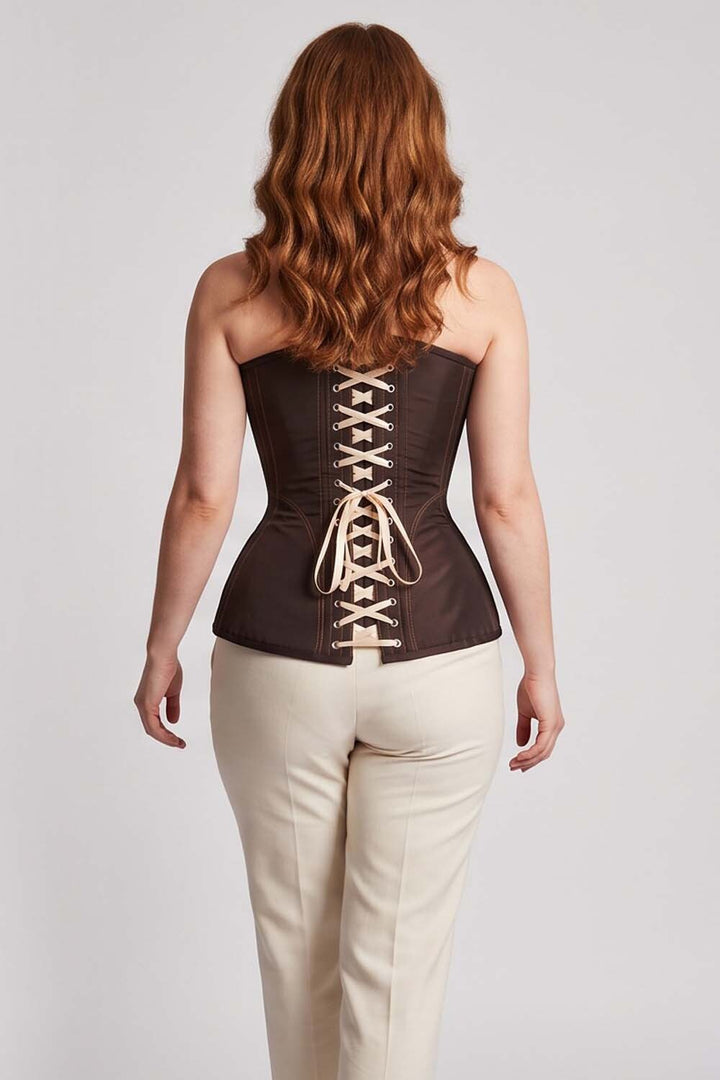 ASTER Overbust Waist-Training Corset in Deep Coffee Taffeta on model – back view