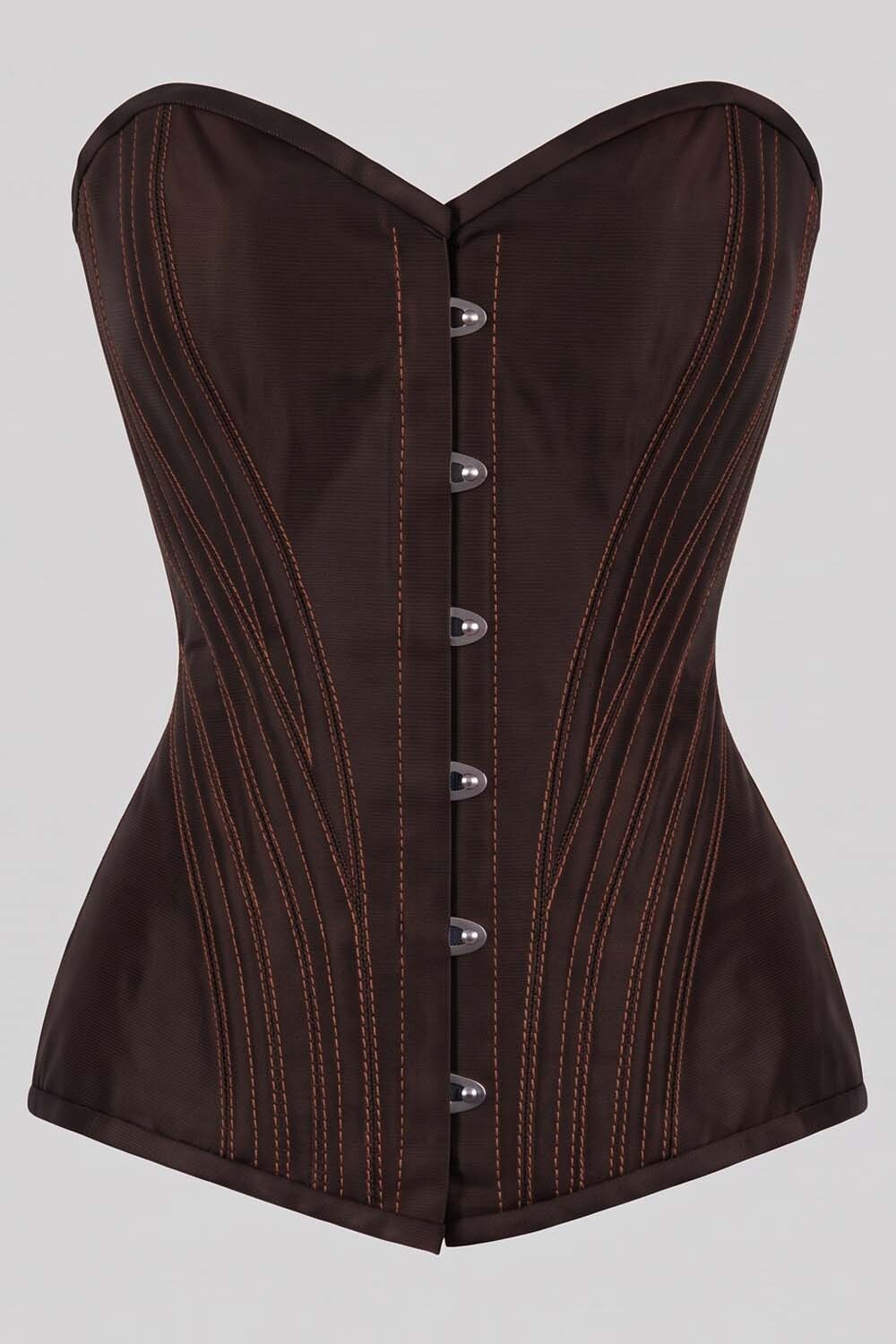 ASTER Overbust Waist-Training Corset in Deep Coffee Taffeta by Luxe Noir – front view