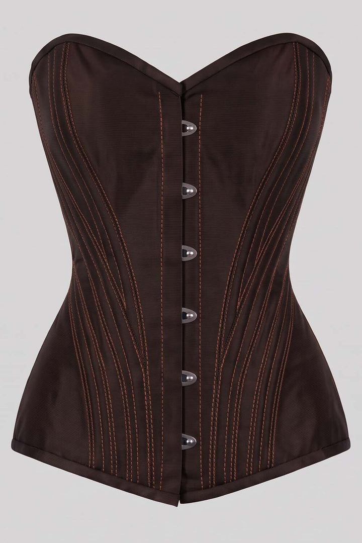 ASTER Overbust Waist-Training Corset in Deep Coffee Taffeta by Luxe Noir – front view