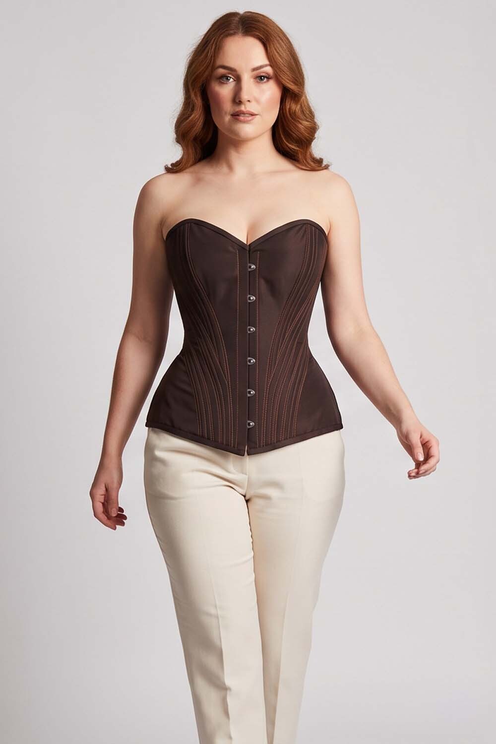 ASTER Overbust Waist-Training Corset in Deep Coffee Taffeta on model – front view