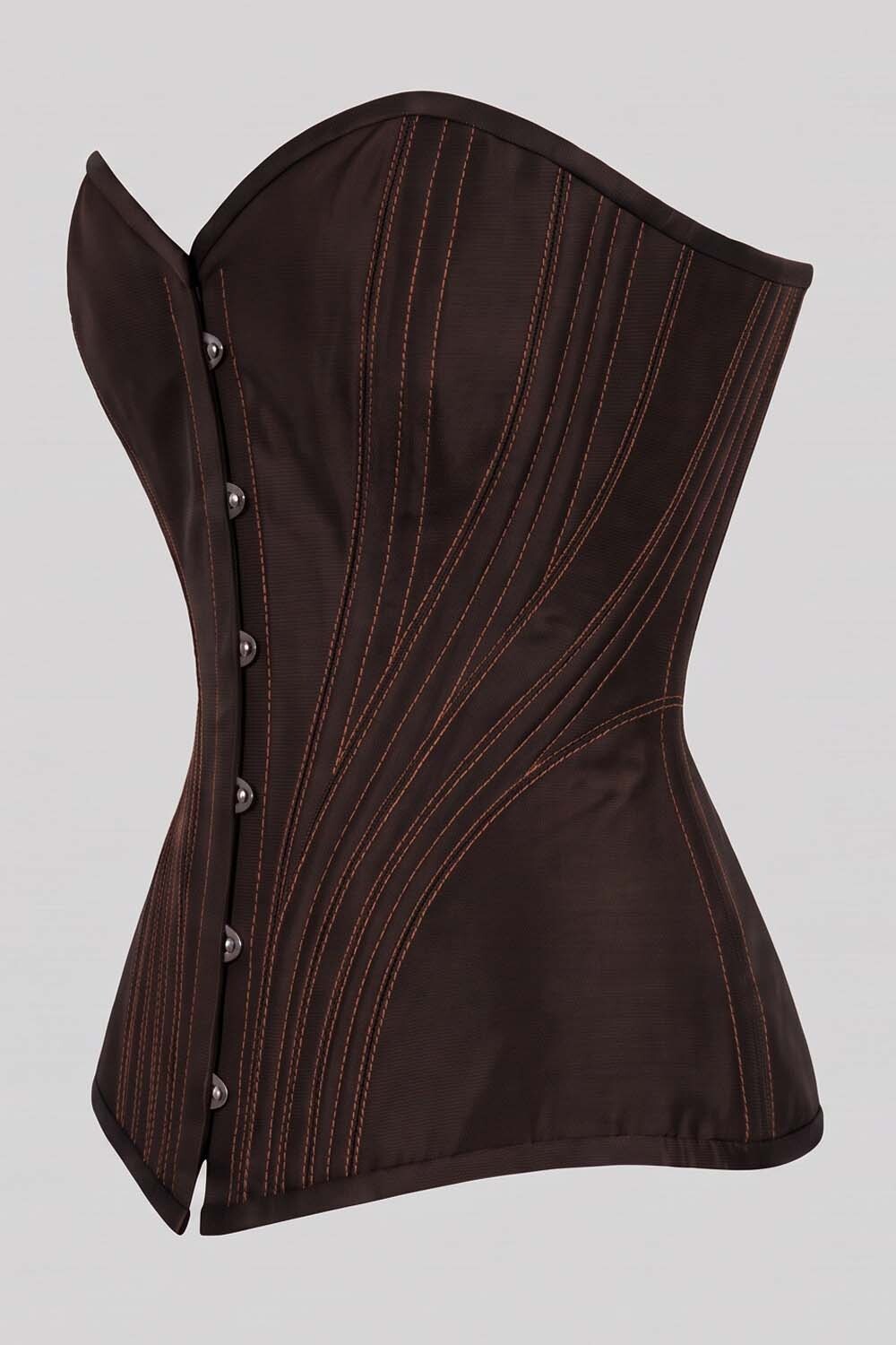 ASTER Overbust Waist-Training Corset in Deep Coffee Taffeta by Luxe Noir – side view