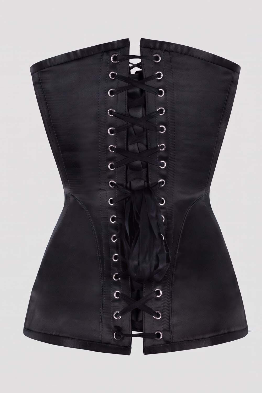 ASTER Overbust Waist-Training Corset in Black Satin by Luxe Noir – back view