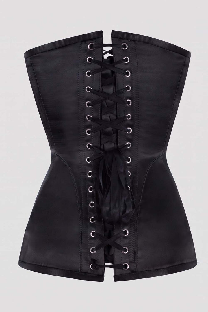 ASTER Overbust Waist-Training Corset in Black Satin by Luxe Noir – back view