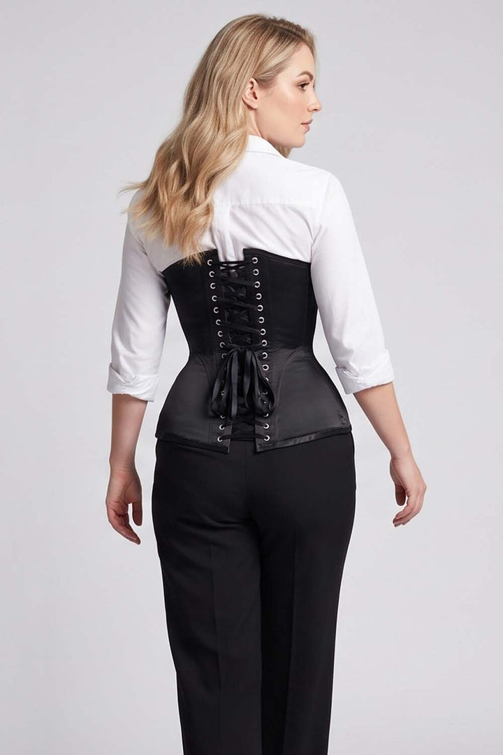 ASTER Overbust Waist-Training Corset in Black Satin on model – back view