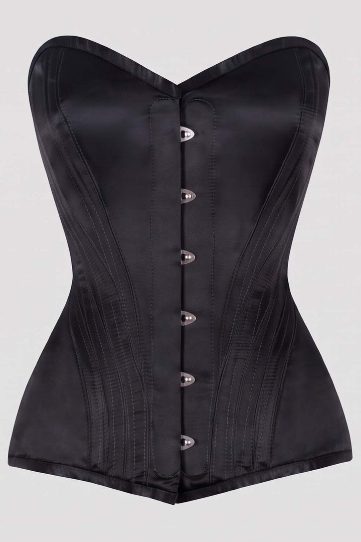 ASTER Overbust Waist-Training Corset in Black Satin by Luxe Noir – front view