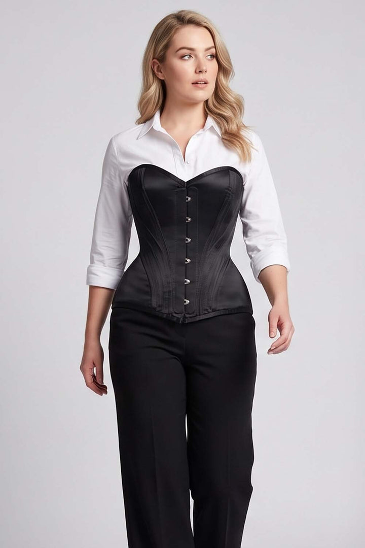 ASTER Overbust Waist-Training Corset in Black Satin on model – front view