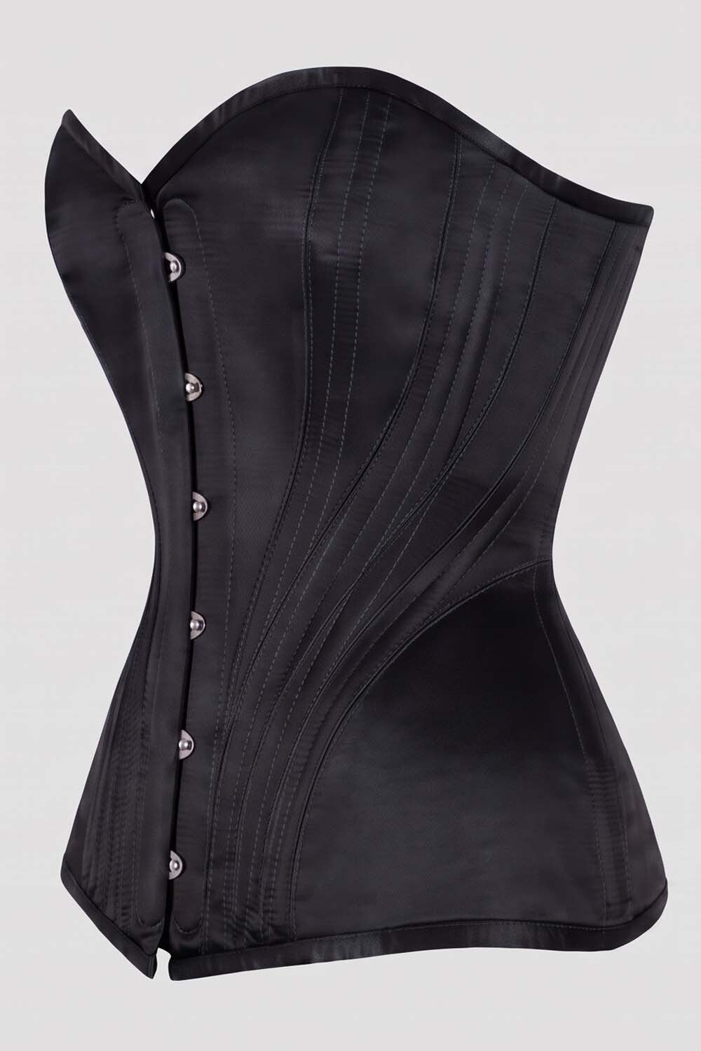 ASTER Overbust Waist-Training Corset in Black Satin by Luxe Noir – side view
