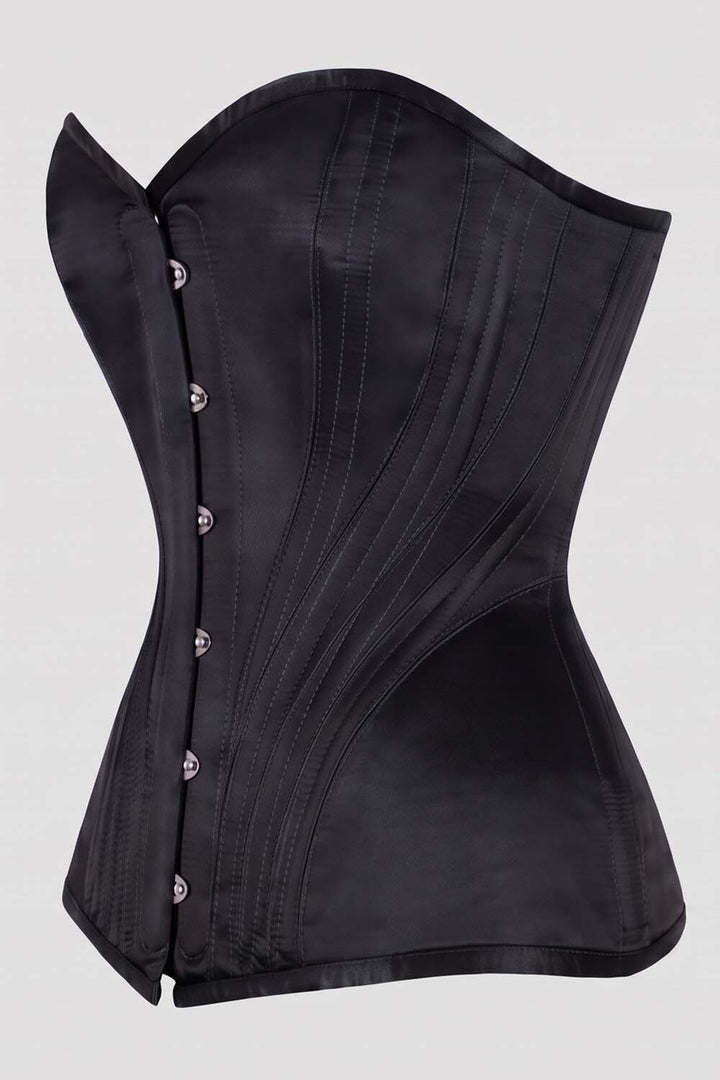 ASTER Overbust Waist-Training Corset in Black Satin by Luxe Noir – side view