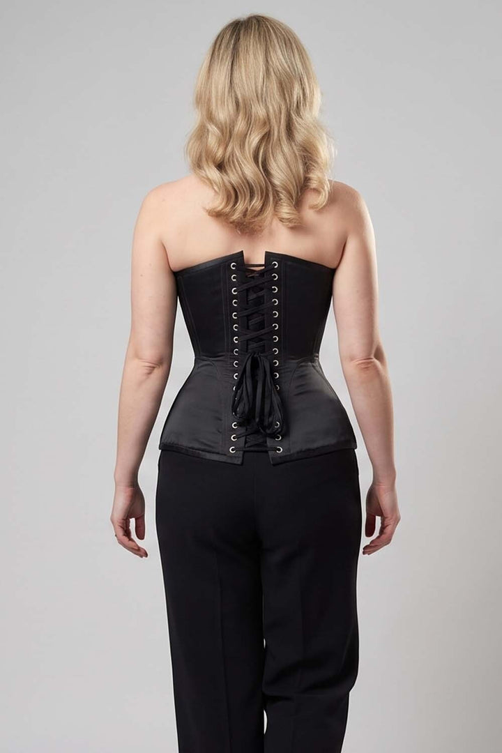 ASTER Overbust Waist-Training Corset in Black Satin on model – back view