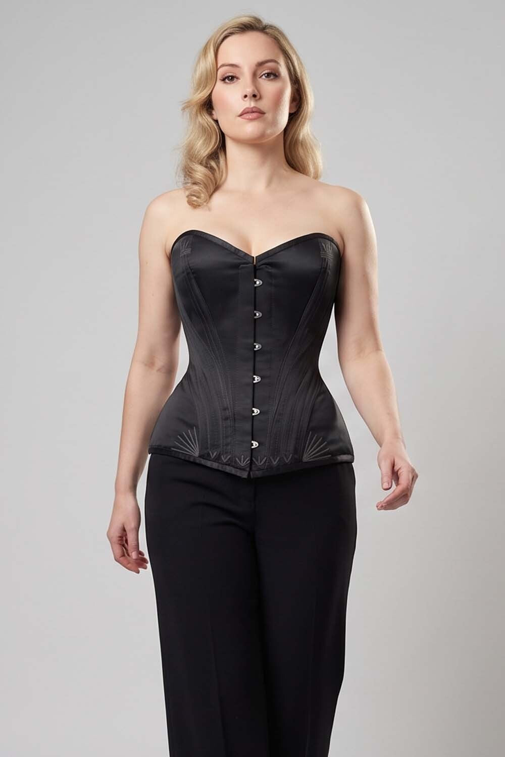 ASTER Overbust Waist-Training Corset in Black Satin on model – front view
