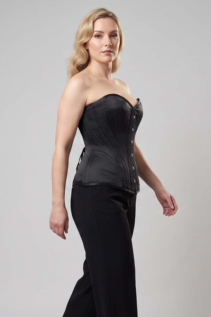 ASTER Overbust Waist-Training Corset in Black Satin on model – side view