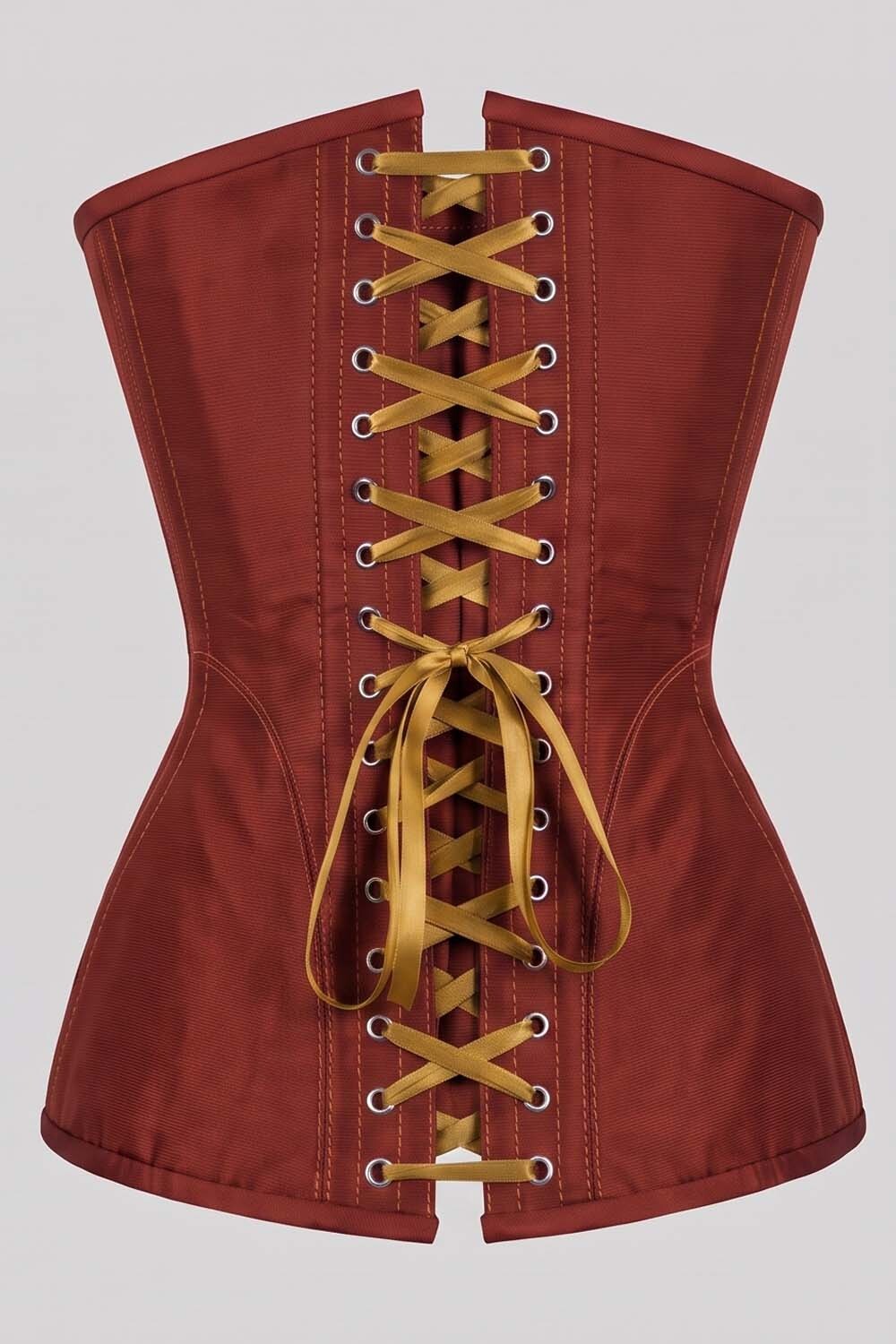ASTER Overbust Waist-Training Corset in Rust Red Taffeta by Luxe Noir – back view