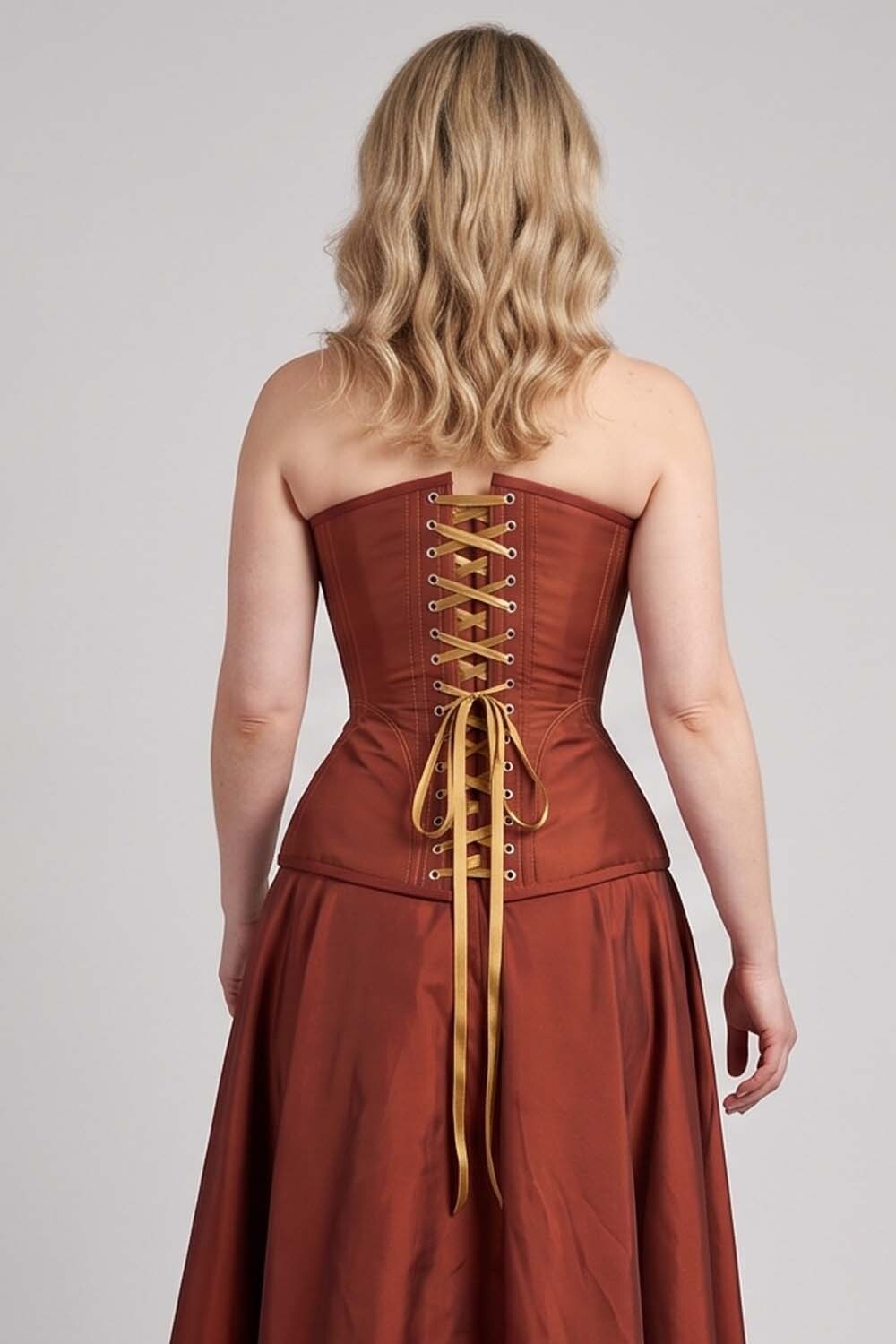 ASTER Overbust Waist-Training Corset in Rust Red Taffeta on model – back view