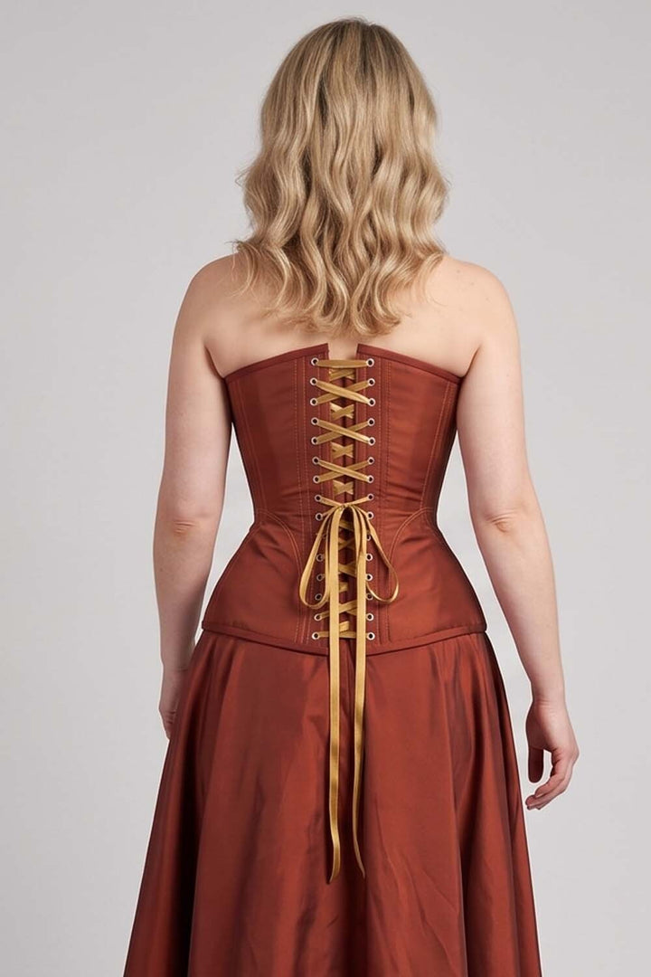ASTER Overbust Waist-Training Corset in Rust Red Taffeta on model – back view