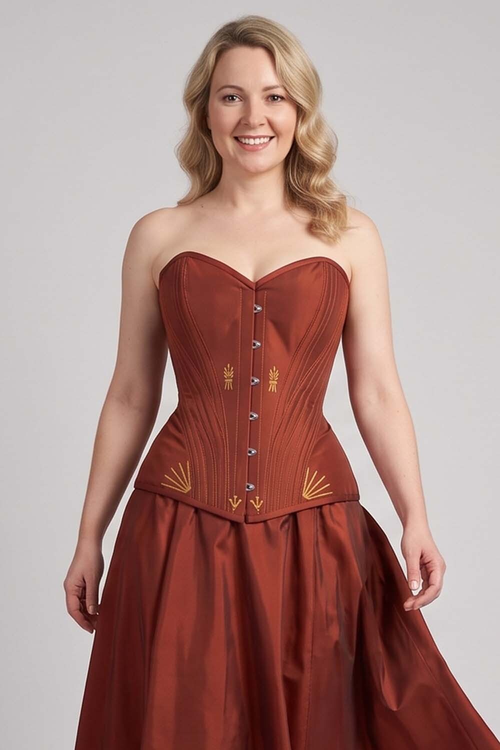 ASTER Overbust Waist-Training Corset in Rust Red Taffeta on model – front view