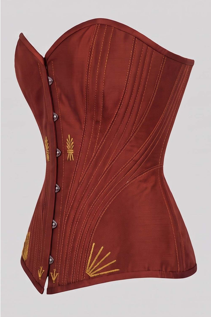 ASTER Overbust Waist-Training Corset in Rust Red Taffeta by Luxe Noir – side view