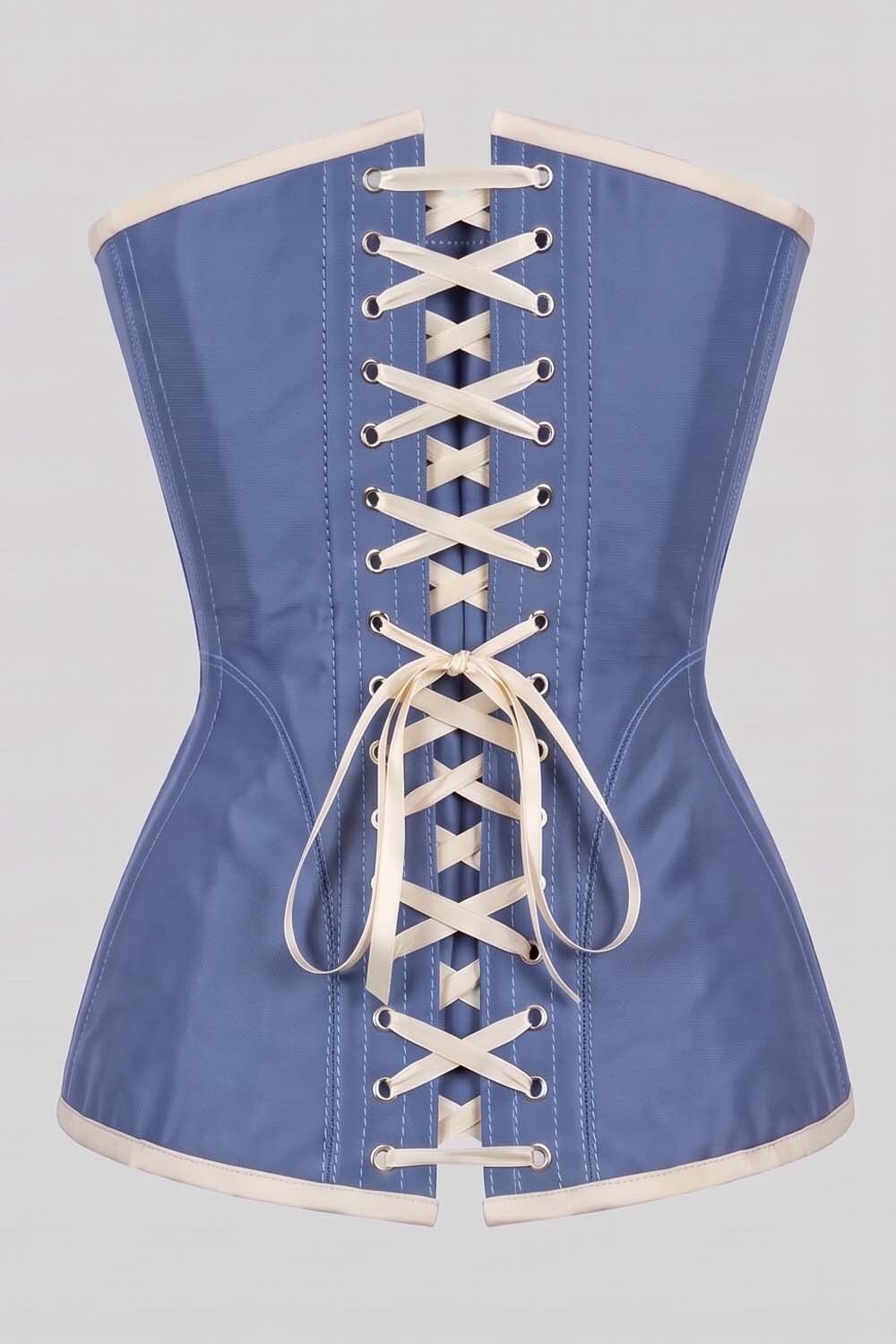 ASTER Overbust Waist-Training Corset in Wedgwood Blue &amp; Ivory Taffeta by Luxe Noir – back view