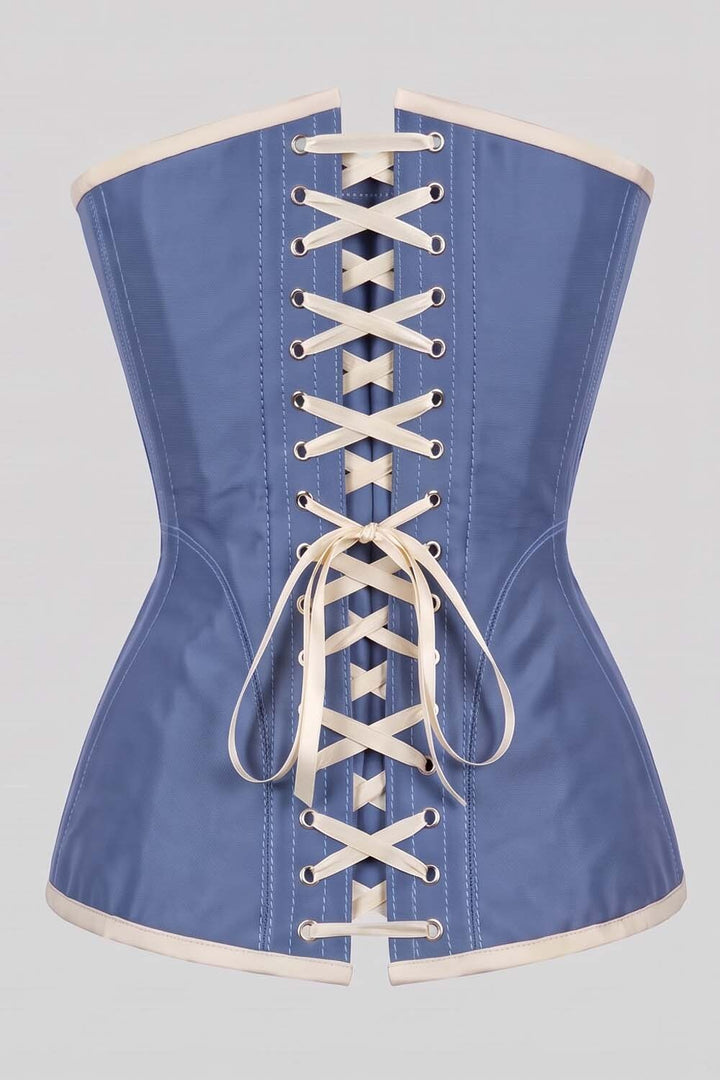 ASTER Overbust Waist-Training Corset in Wedgwood Blue &amp; Ivory Taffeta by Luxe Noir – back view