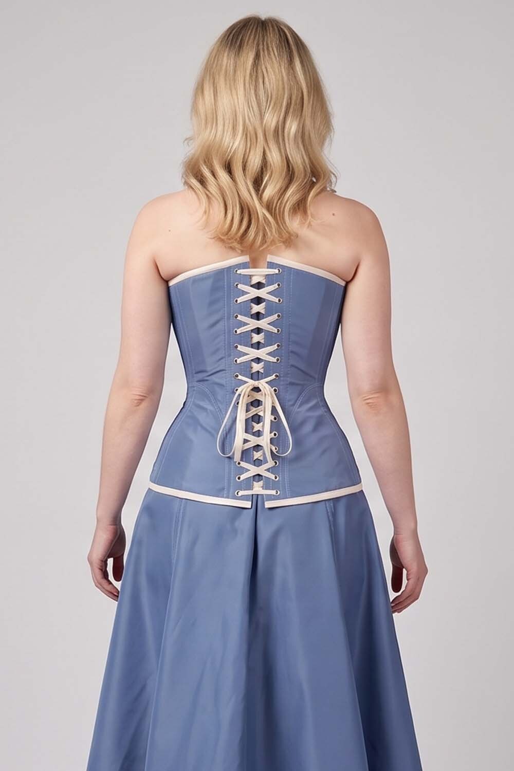 ASTER Overbust Waist-Training Corset in Wedgwood Blue &amp; Ivory Taffeta on model – back view
