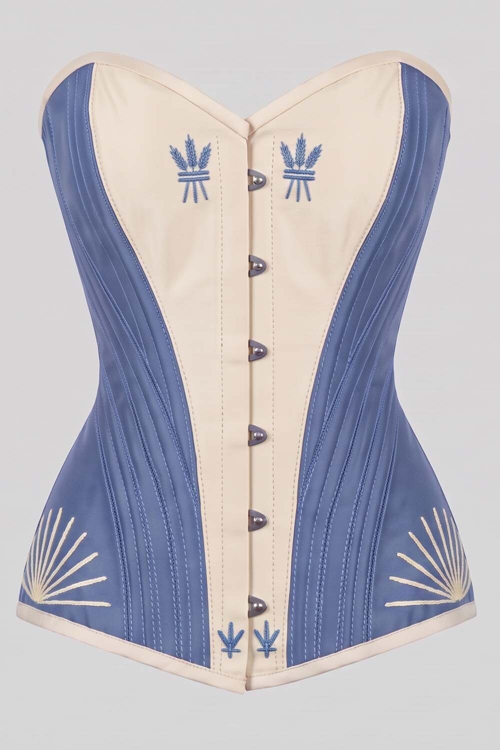ASTER Overbust Waist-Training Corset in Wedgwood Blue &amp; Ivory Taffeta by Luxe Noir – front view