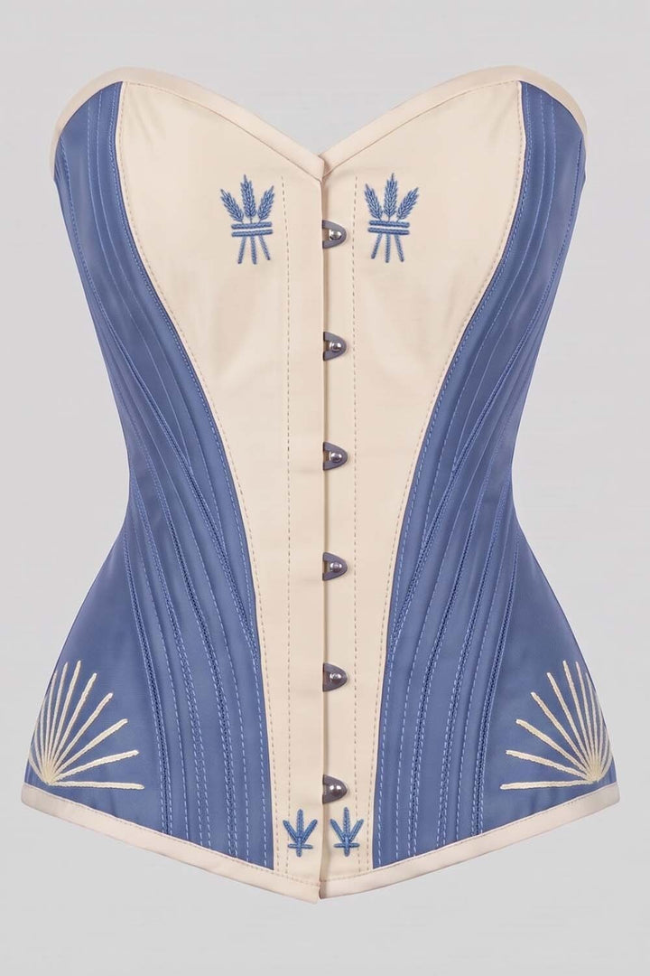 ASTER Overbust Waist-Training Corset in Wedgwood Blue &amp; Ivory Taffeta by Luxe Noir – front view