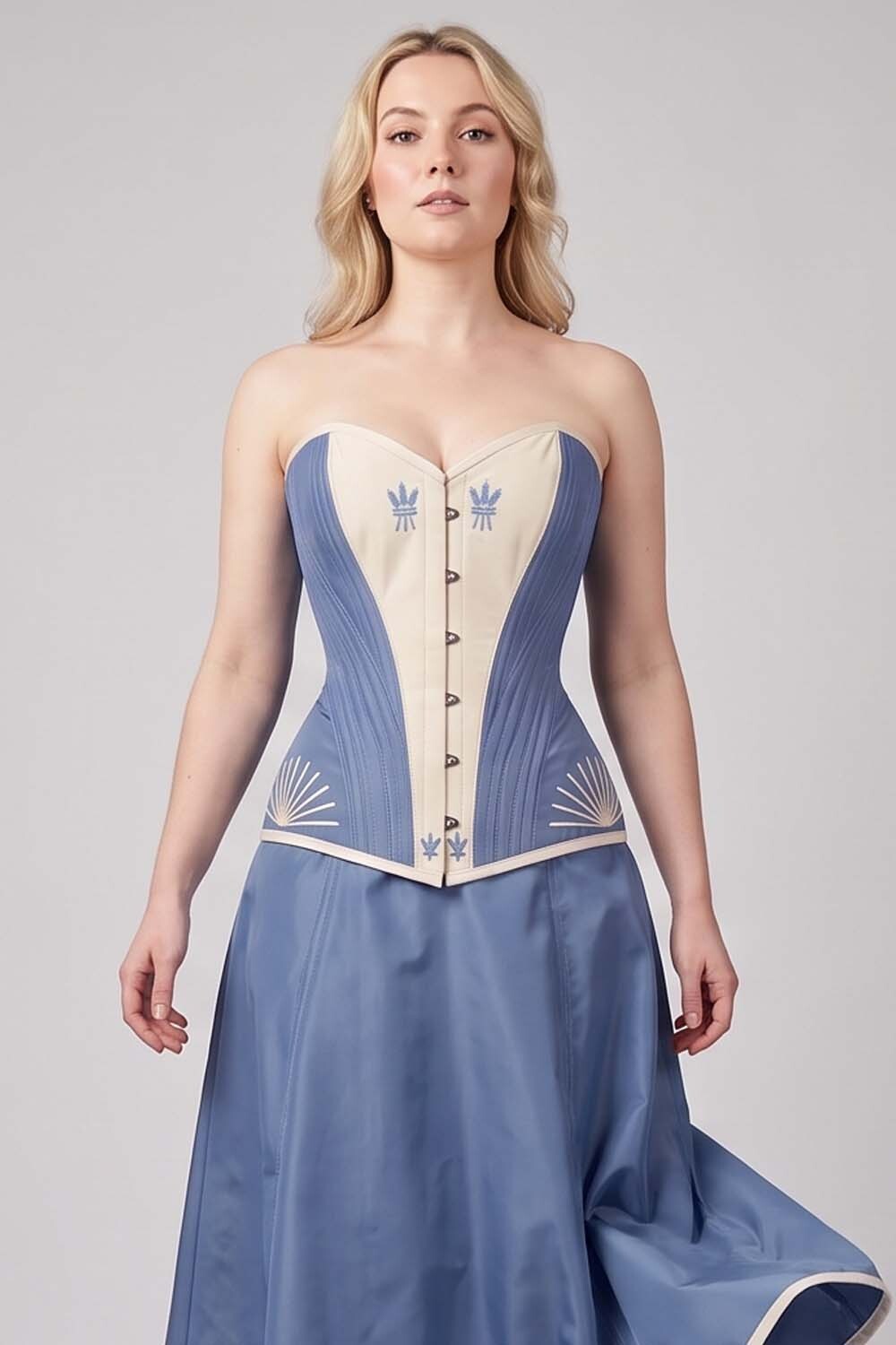 ASTER Overbust Waist-Training Corset in Wedgwood Blue &amp; Ivory Taffeta on model – front view