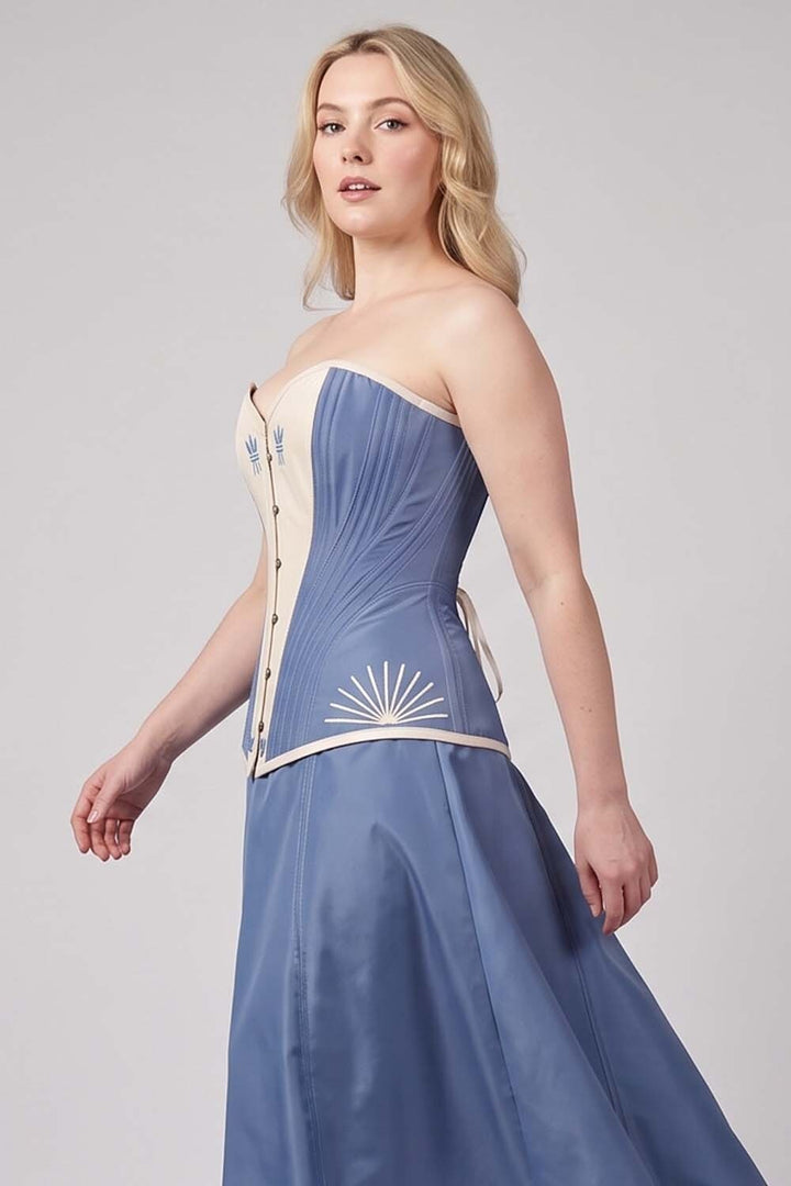 ASTER Overbust Waist-Training Corset in Wedgwood Blue &amp; Ivory Taffeta on model – side view