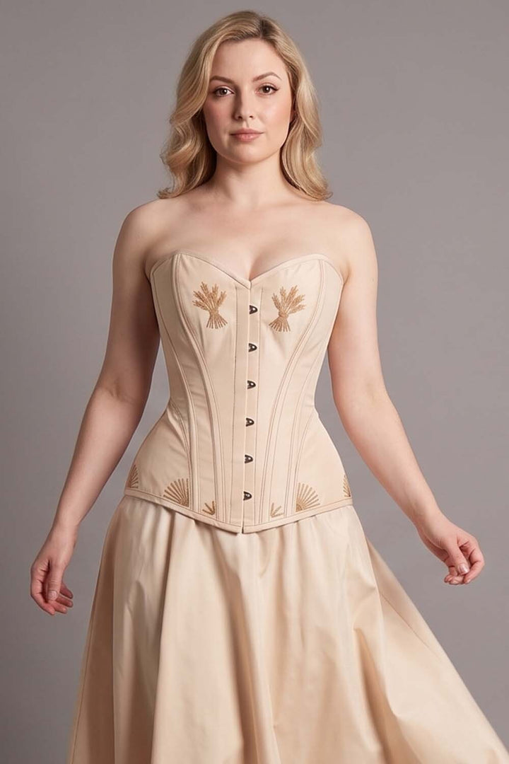 ASTER Overbust Waist-Training Corset in Cream Taffeta on model – front view