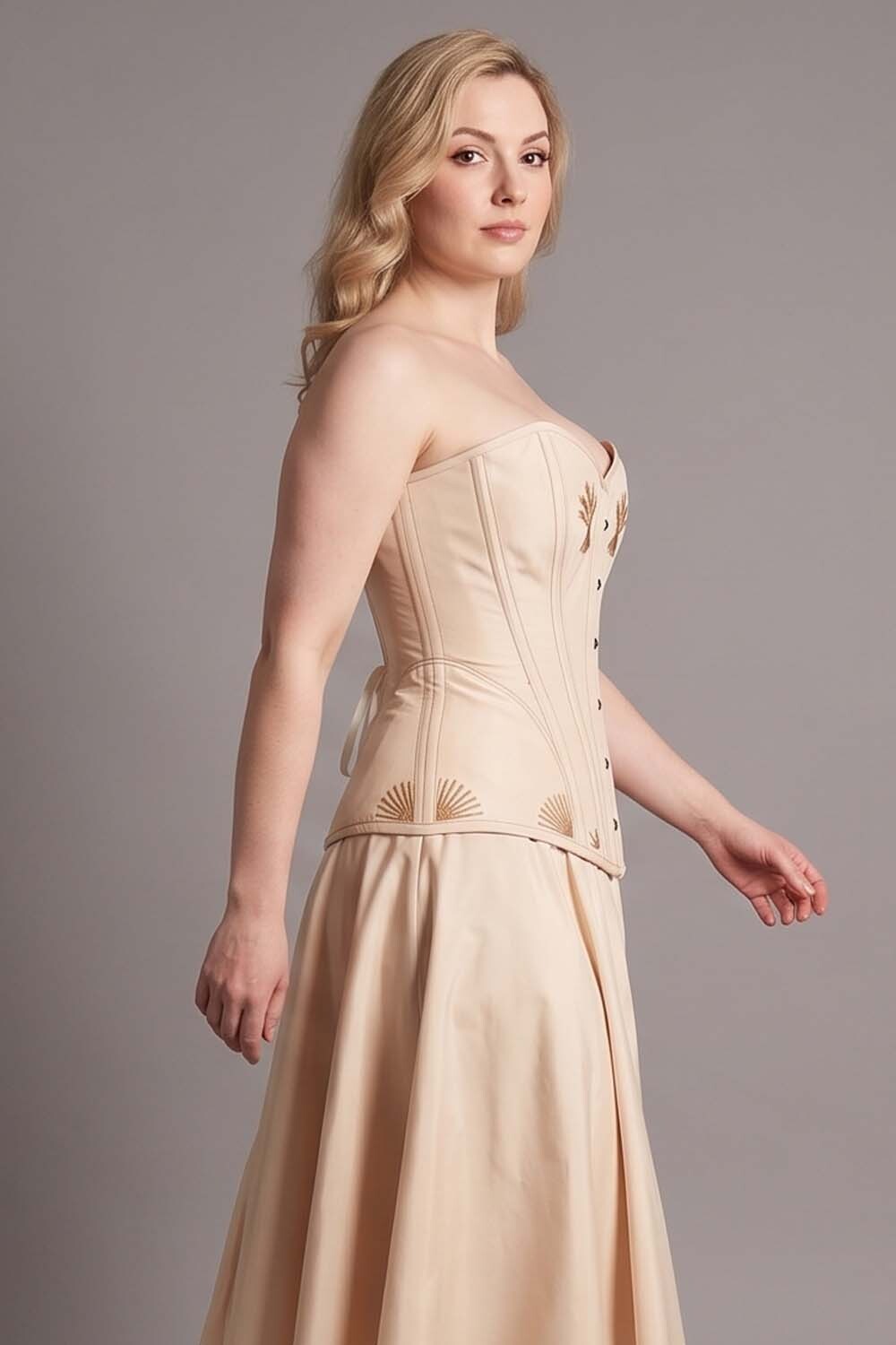 ASTER Overbust Waist-Training Corset in Cream Taffeta on model – side view
