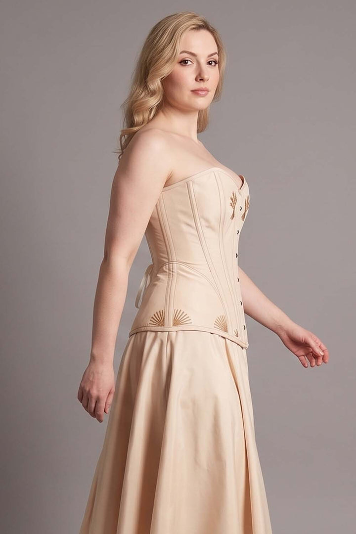 ASTER Overbust Waist-Training Corset in Cream Taffeta on model – side view