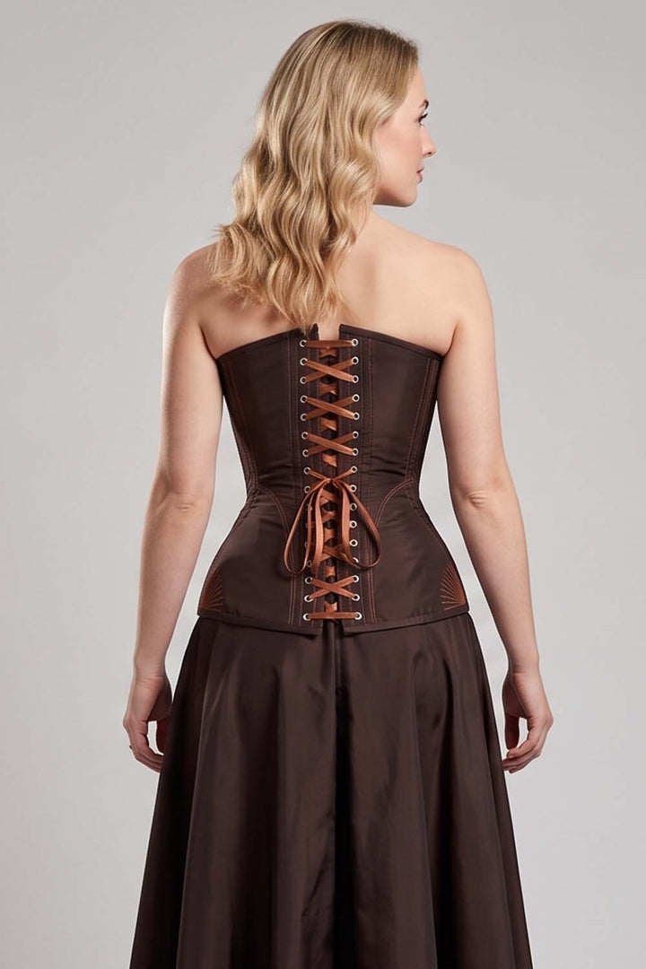 ASTER Overbust Waist-Training Corset in Deep Coffee Taffeta on model – back view