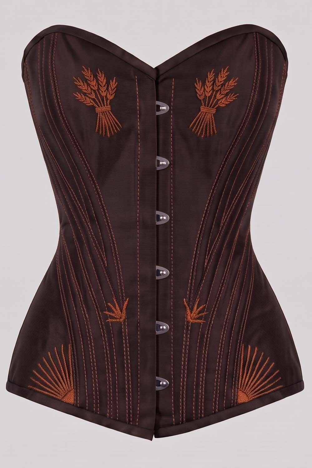 ASTER Overbust Waist-Training Corset in Deep Coffee Taffeta by Luxe Noir – front view