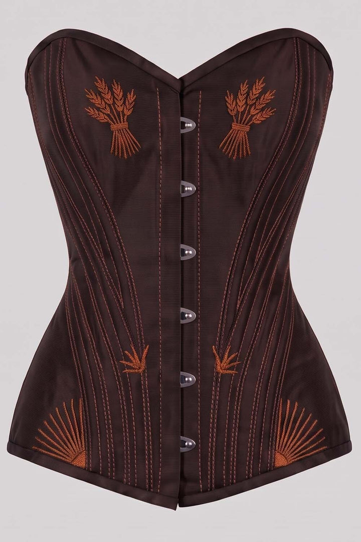 ASTER Overbust Waist-Training Corset in Deep Coffee Taffeta by Luxe Noir – front view