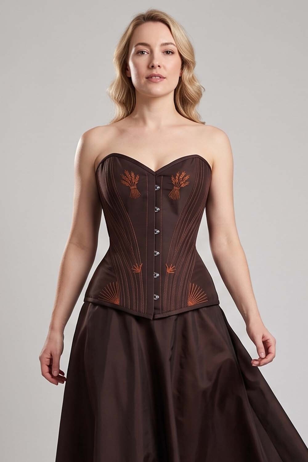 ASTER Overbust Waist-Training Corset in Deep Coffee Taffeta on model – front view