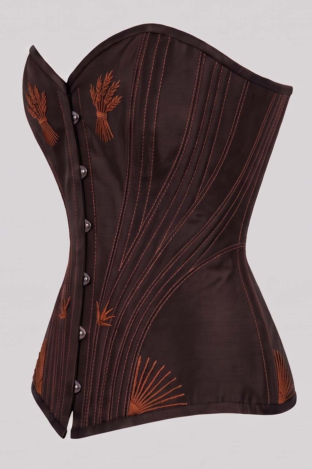 ASTER Overbust Waist-Training Corset in Deep Coffee Taffeta by Luxe Noir – side view