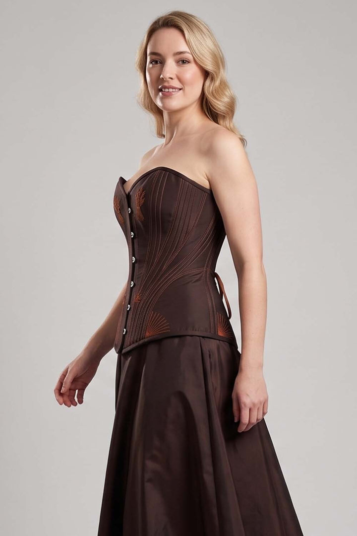 ASTER Overbust Waist-Training Corset in Deep Coffee Taffeta on model – side view