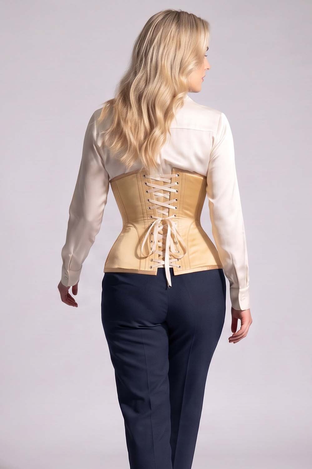 ORCHID Underbust Waist-Training Corset in Nude Satin on model - back view