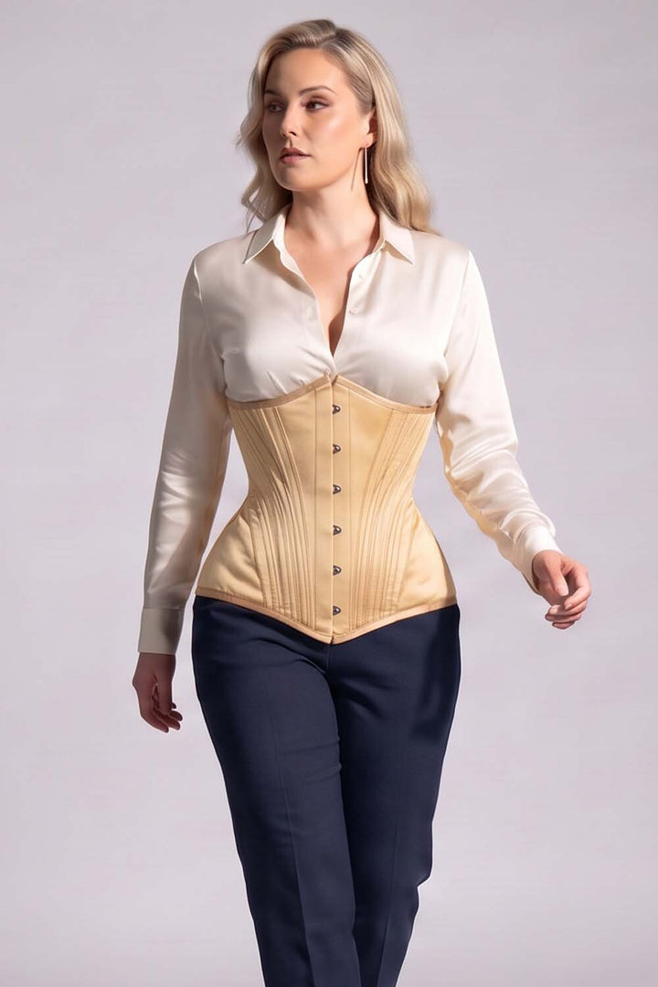 ORCHID Underbust Waist-Training Corset in Nude Satin on model - front view