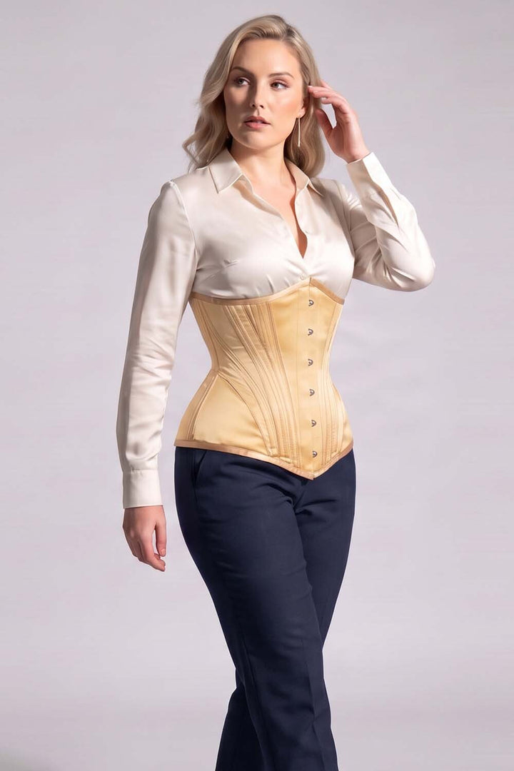 ORCHID Underbust Waist-Training Corset in Nude Satin on model - side view