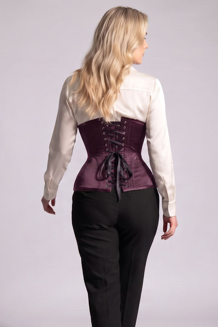 ORCHID Underbust Waist-Training Corset in Mulberry Plum Satin on model - back view