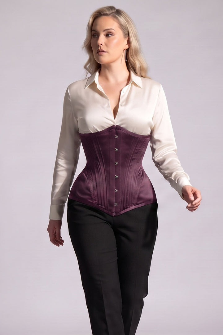 ORCHID Underbust Waist-Training Corset in Mulberry Plum Satin on model - front view