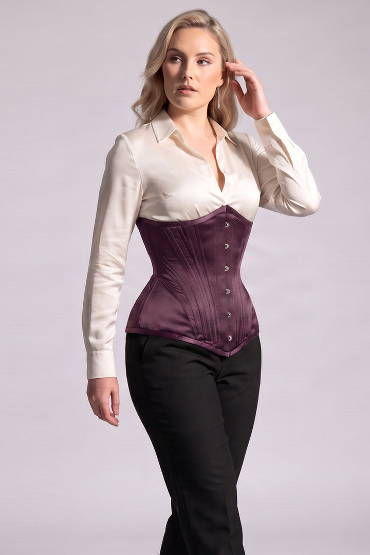 ORCHID Underbust Waist-Training Corset in Mulberry Plum Satin on model - side view